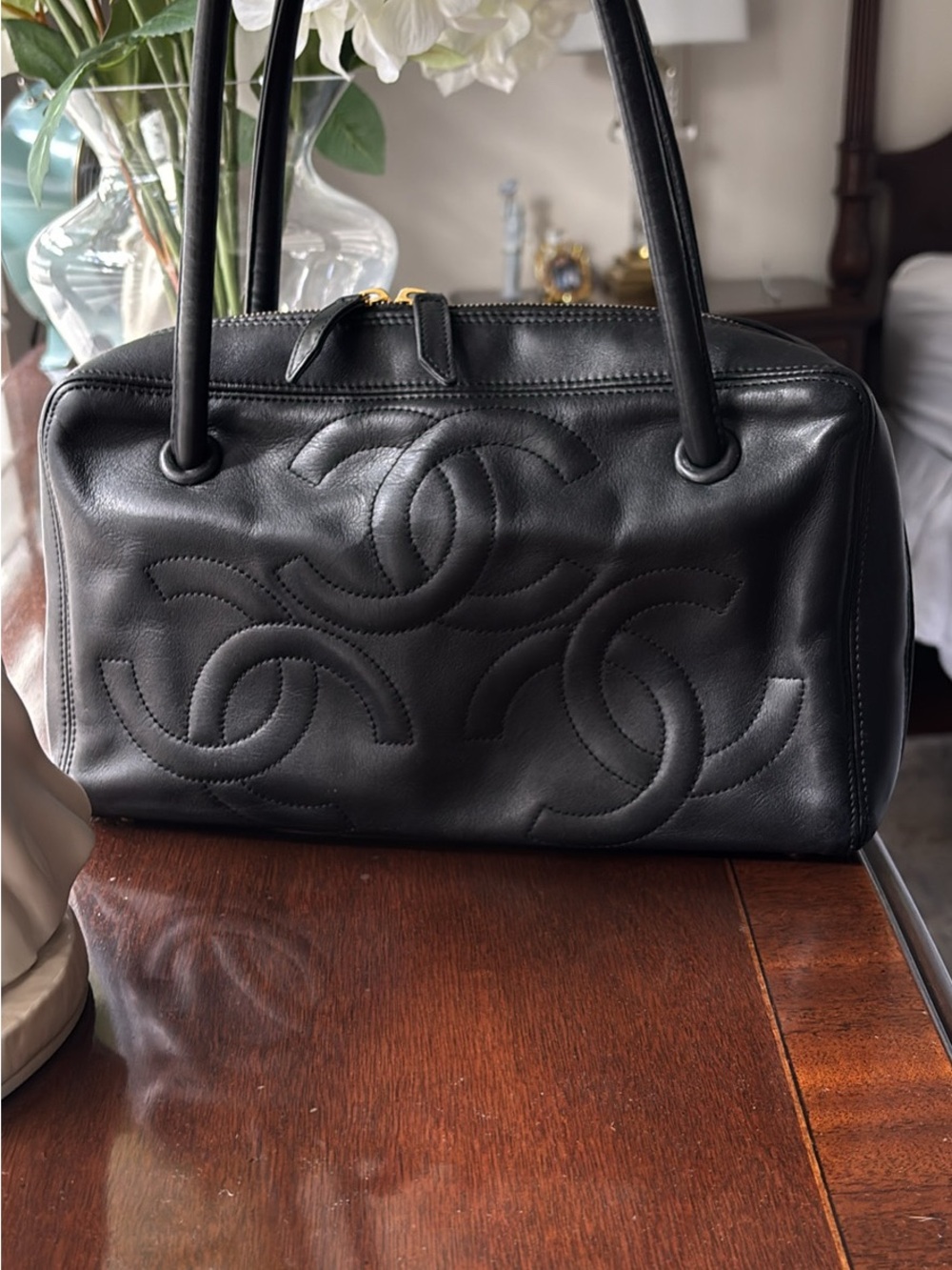 Vintage Chanel Black Quilted Double C Leather Bowling Bag